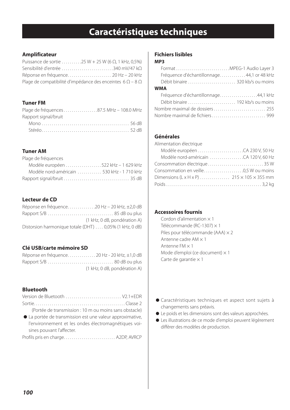 Caractéristiques techniques | Teac CR-H260I User Manual | Page 100 / 152