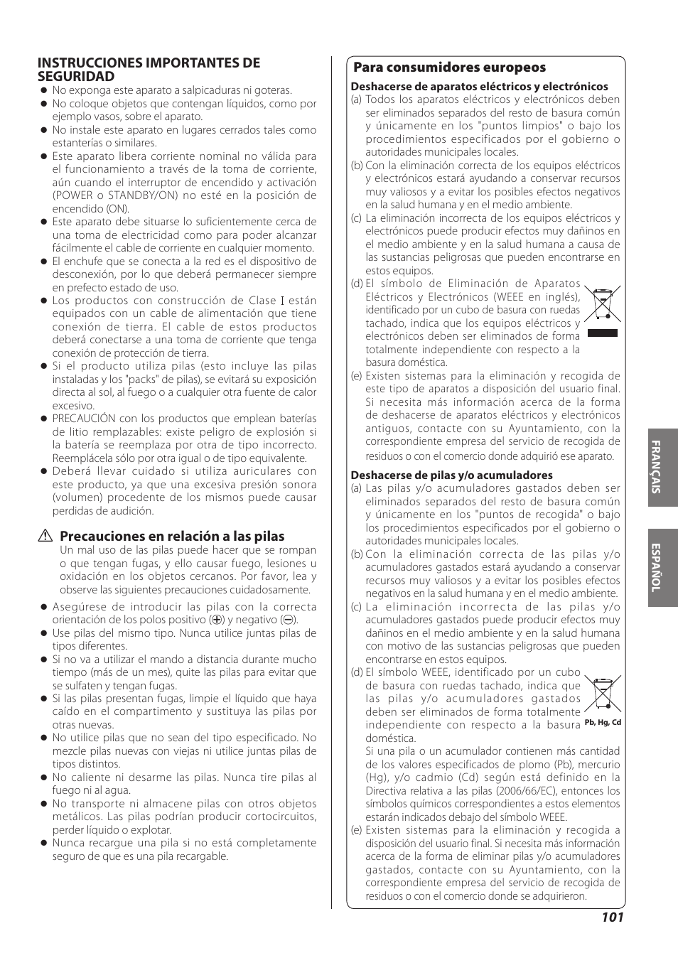 Español, Para consumidores europeos, Instrucciones importantes de seguridad | Q precauciones en relación a las pilas | Teac CR-H260I User Manual | Page 101 / 152