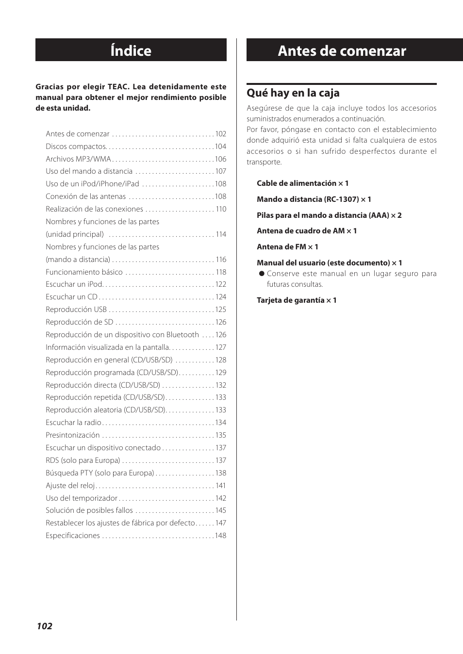 Antes de comenzar, Índice, Qué hay en la caja | Teac CR-H260I User Manual | Page 102 / 152