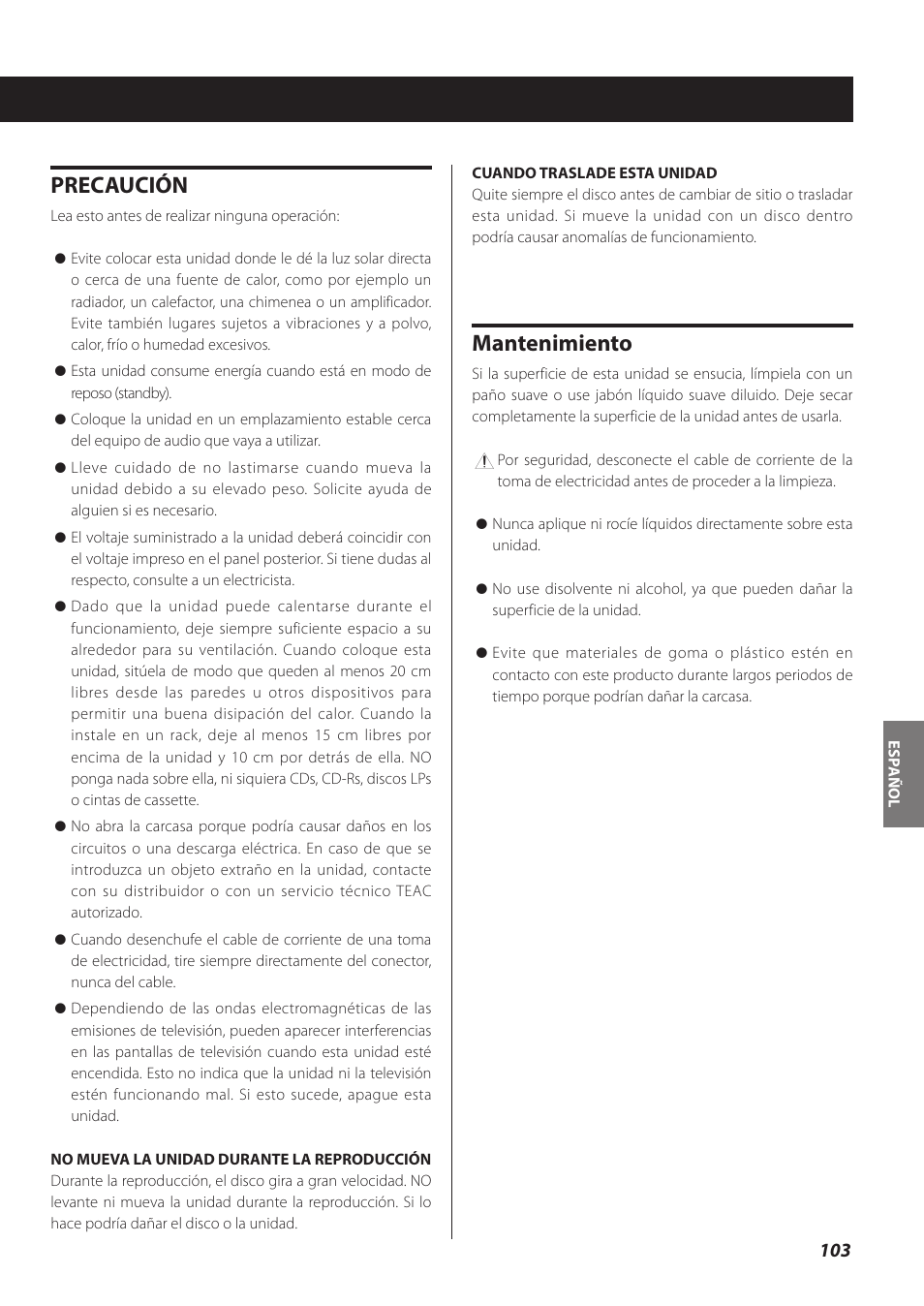 Precaución, Mantenimiento | Teac CR-H260I User Manual | Page 103 / 152