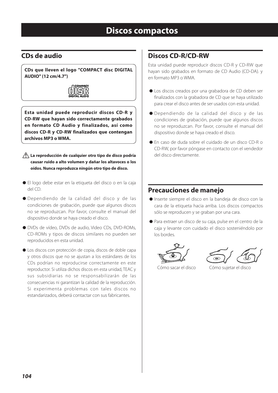 Discos compactos, Discos cd-r/cd-rw, Precauciones de manejo | Cds de audio | Teac CR-H260I User Manual | Page 104 / 152