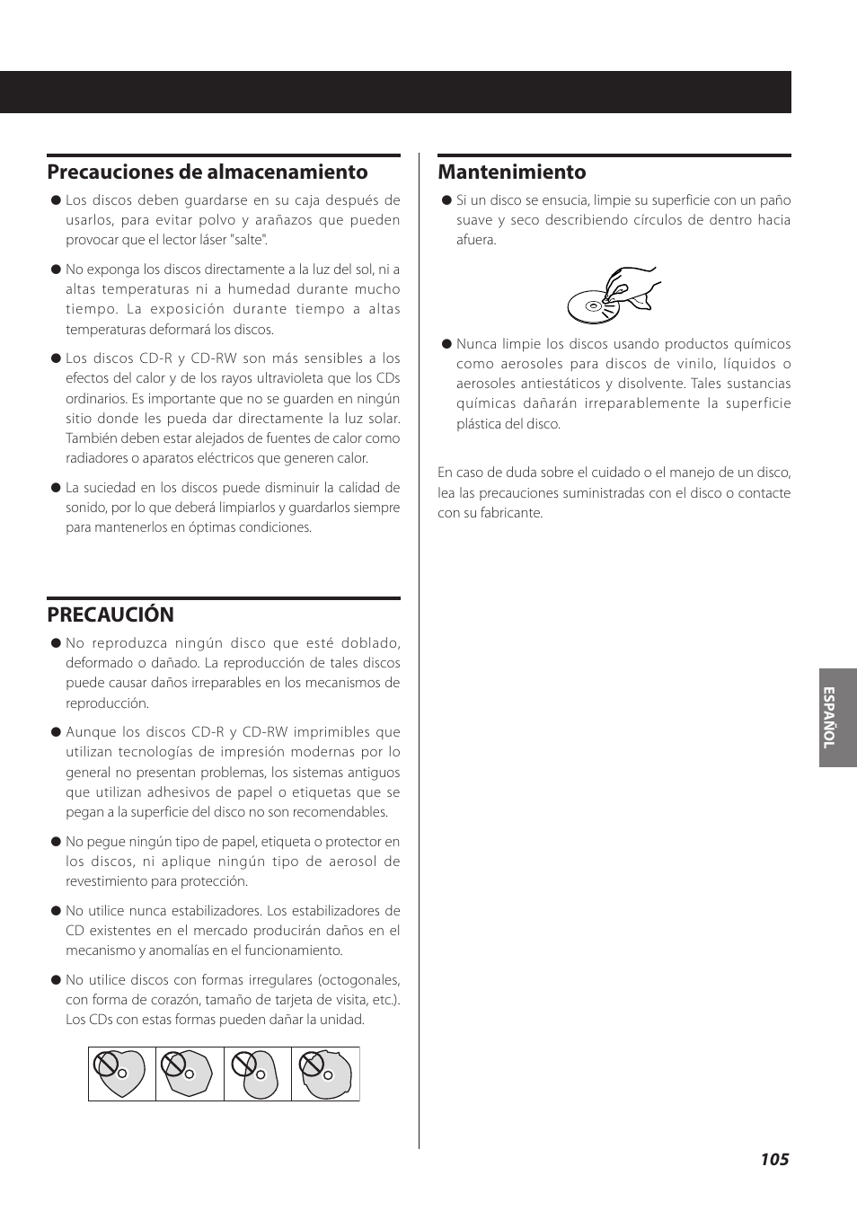 Precauciones de almacenamiento, Precaución, Mantenimiento | Teac CR-H260I User Manual | Page 105 / 152