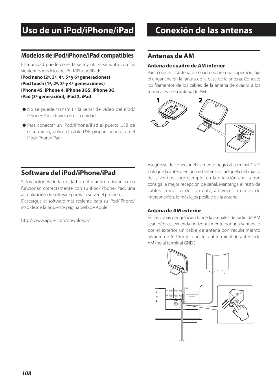 Uso de un ipod/iphone/ipad, Conexión de las antenas, Uso de un ipod/iphone/ipad conexión de las antenas | Antenas de am, Modelos de ipod/iphone/ipad compatibles, Software del ipod/iphone/ipad | Teac CR-H260I User Manual | Page 108 / 152