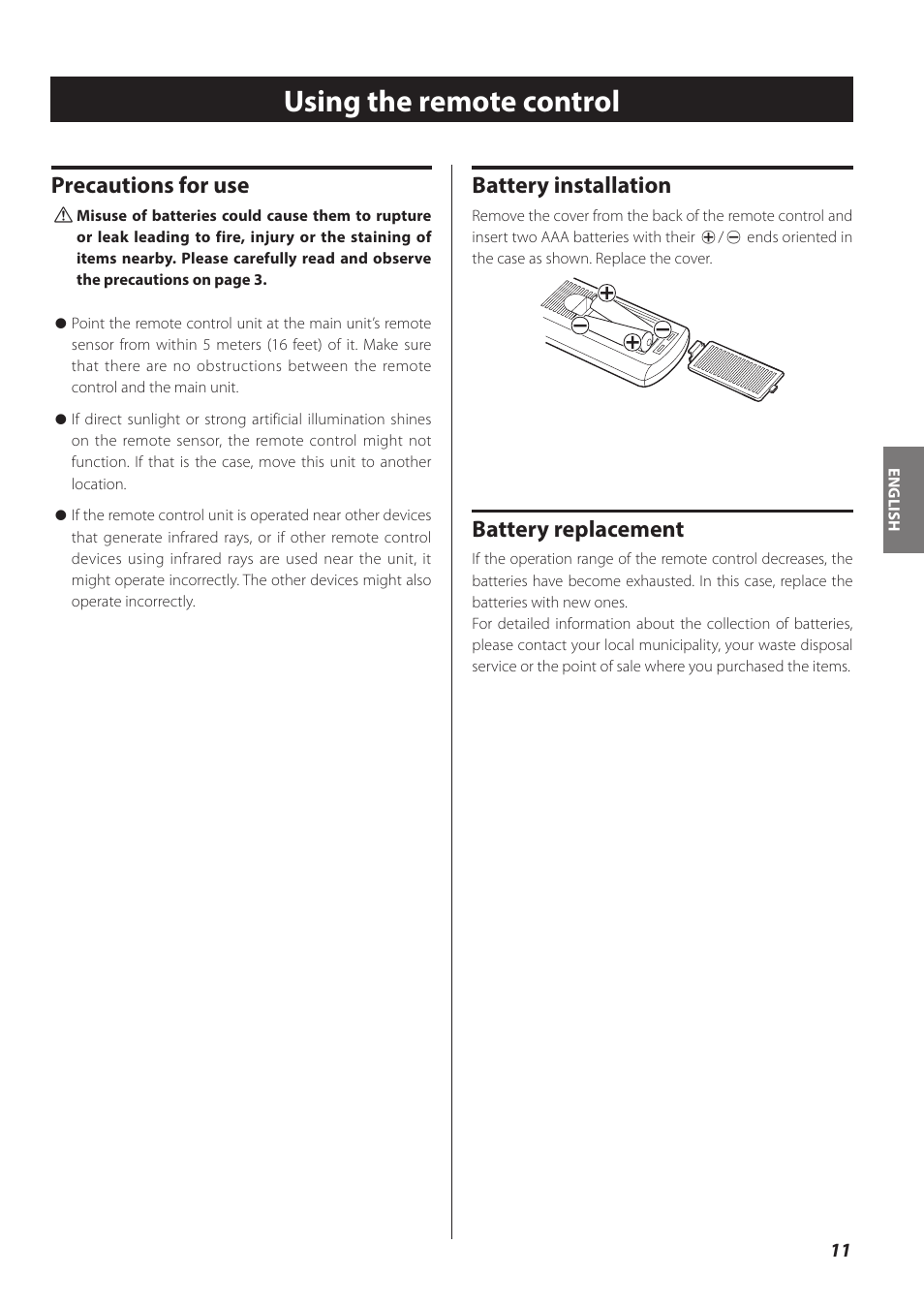 Using the remote control, Precautions for use, Battery installation | Battery replacement | Teac CR-H260I User Manual | Page 11 / 152