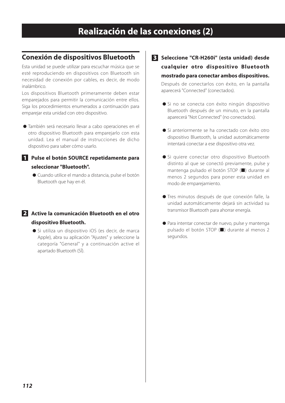 Realización de las conexiones (2), Conexión de dispositivos bluetooth | Teac CR-H260I User Manual | Page 112 / 152