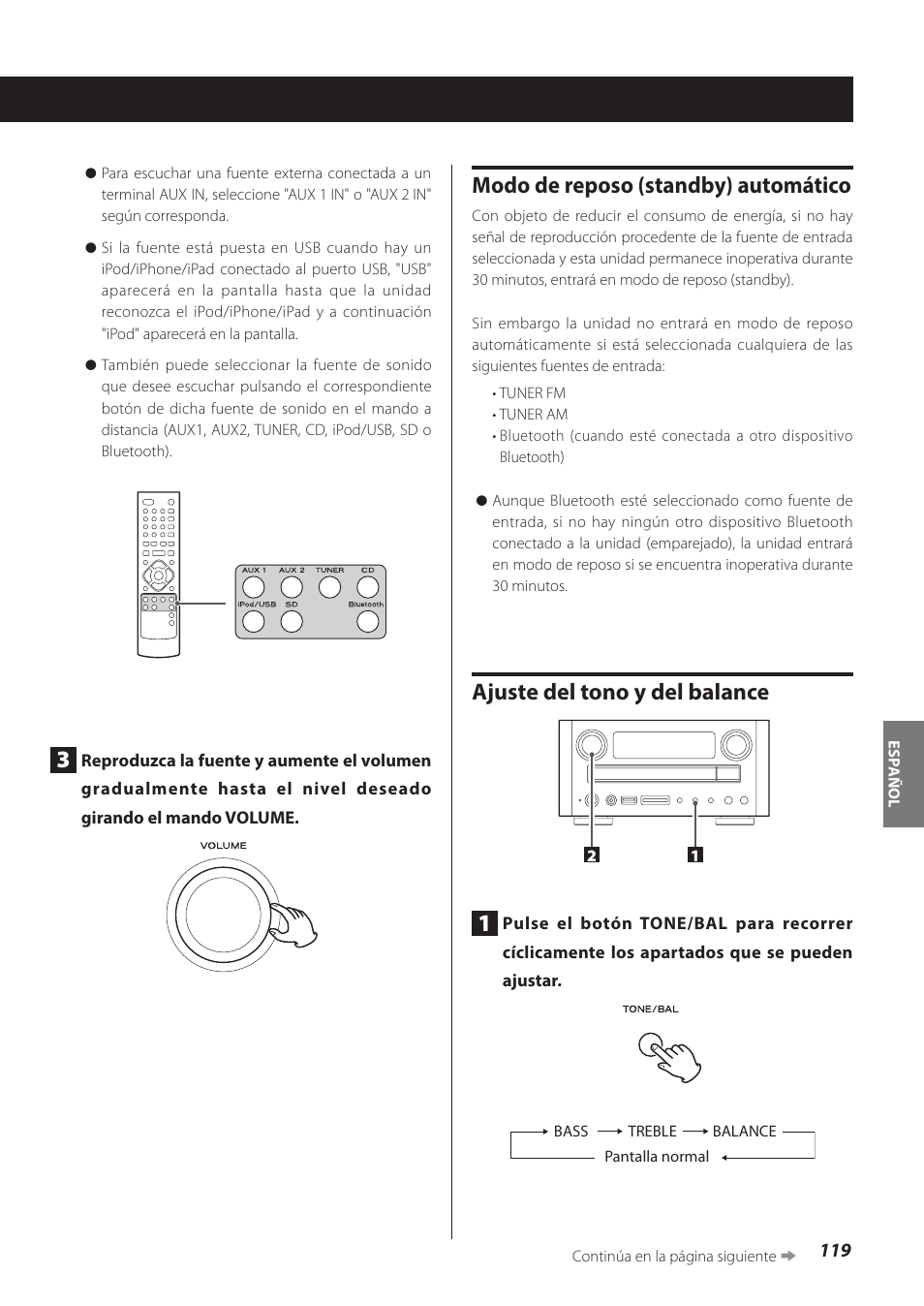 Ina 119), Modo de reposo (standby) automático, Ajuste del tono y del balance | Teac CR-H260I User Manual | Page 119 / 152