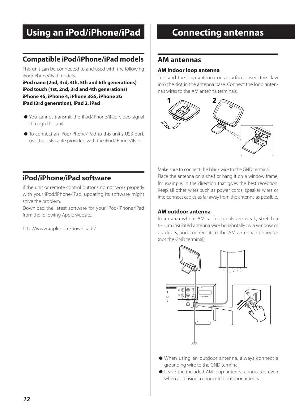 Using an ipod/iphone/ipad, Connecting antennas, Using an ipod/iphone/ipad connecting antennas | Am antennas, Compatible ipod/iphone/ipad models, Ipod/iphone/ipad software | Teac CR-H260I User Manual | Page 12 / 152