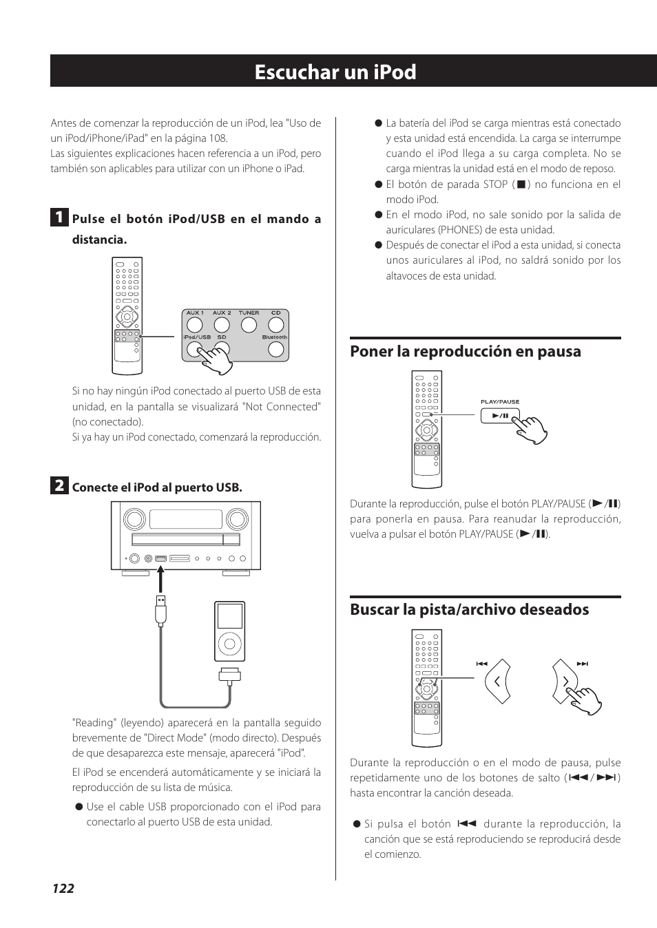 Escuchar un ipod, Poner la reproducción en pausa, Buscar la pista/archivo deseados | Teac CR-H260I User Manual | Page 122 / 152