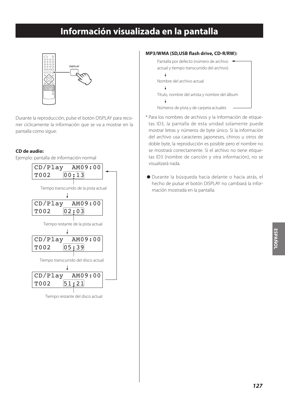 Información visualizada en la pantalla | Teac CR-H260I User Manual | Page 127 / 152