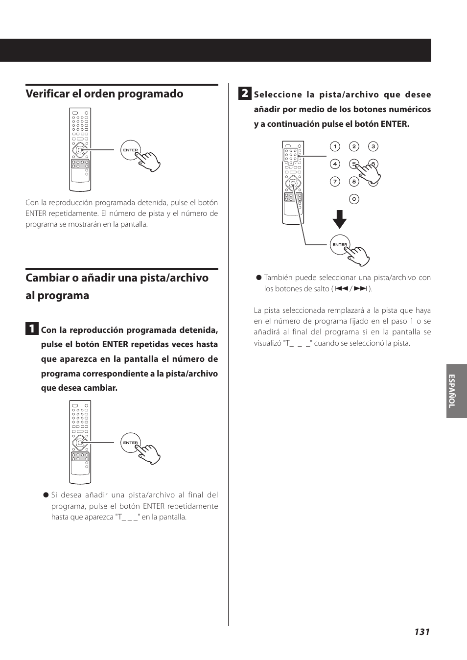 Verificar el orden programado, Cambiar o añadir una pista/archivo al programa 1 | Teac CR-H260I User Manual | Page 131 / 152