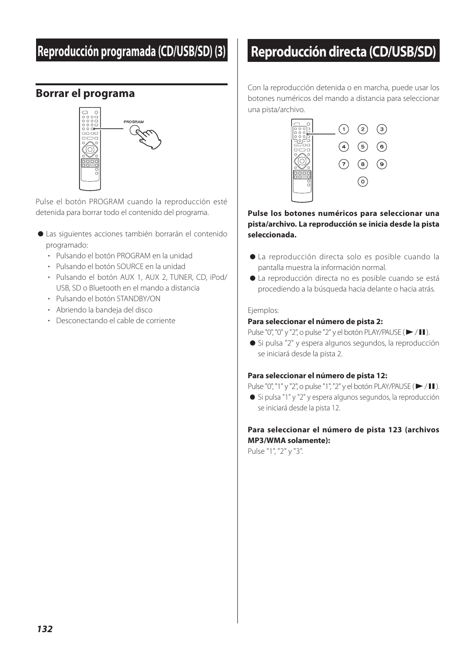 Reproducción directa (cd/usb/sd), Reproducción programada (cd/usb/sd) (3), Borrar el programa | Teac CR-H260I User Manual | Page 132 / 152