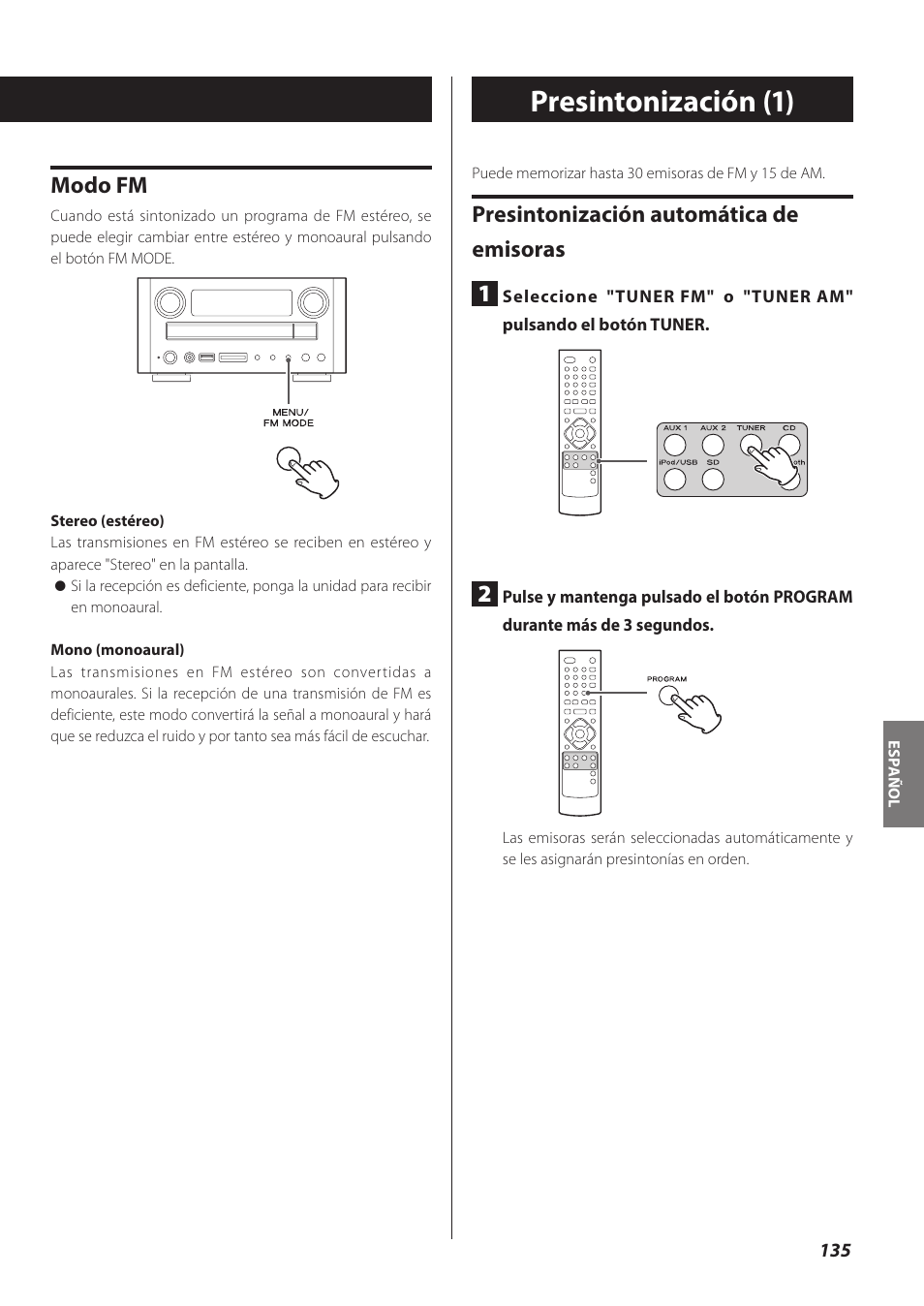 Presintonización, Presintonización (1), Modo fm | Presintonización automática de emisoras 1 | Teac CR-H260I User Manual | Page 135 / 152