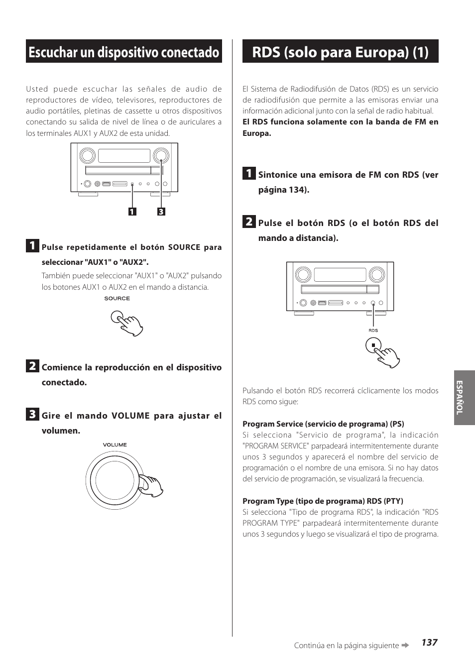 Escuchar un dispositivo conectado, Rds (solo para europa) | Teac CR-H260I User Manual | Page 137 / 152