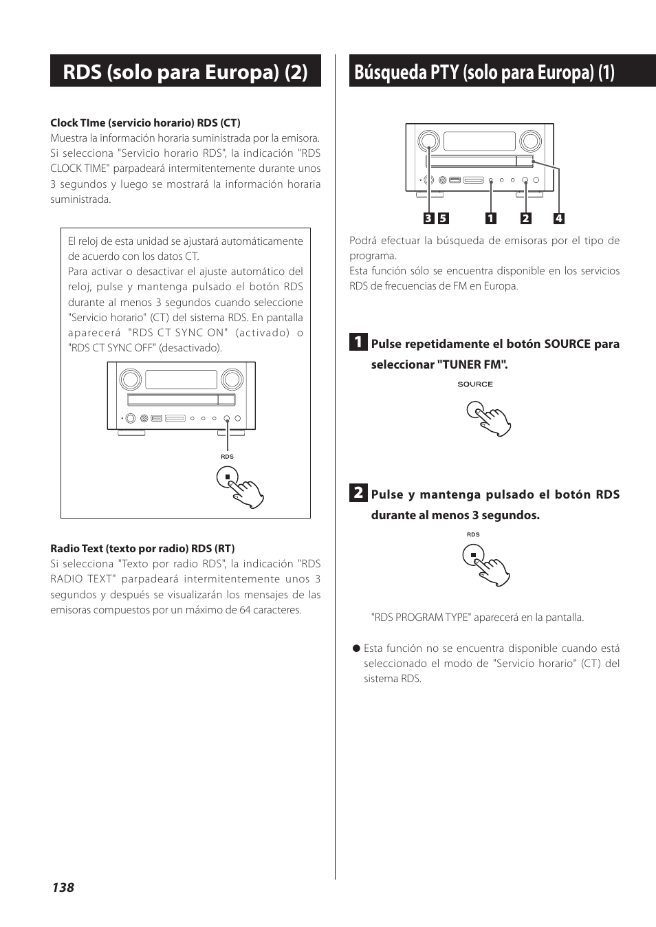 Búsqueda pty (solo para europa), Búsqueda pty (solo para europa) (1), Rds (solo para europa) (2) | Teac CR-H260I User Manual | Page 138 / 152