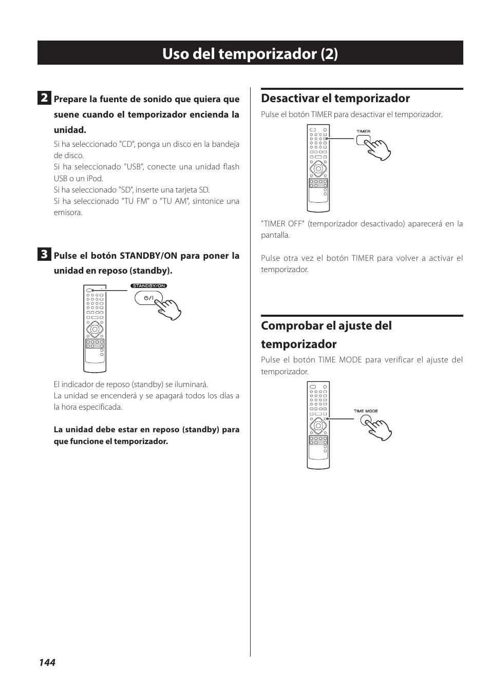 Uso del temporizador (2), Desactivar el temporizador, Comprobar el ajuste del temporizador | Teac CR-H260I User Manual | Page 144 / 152