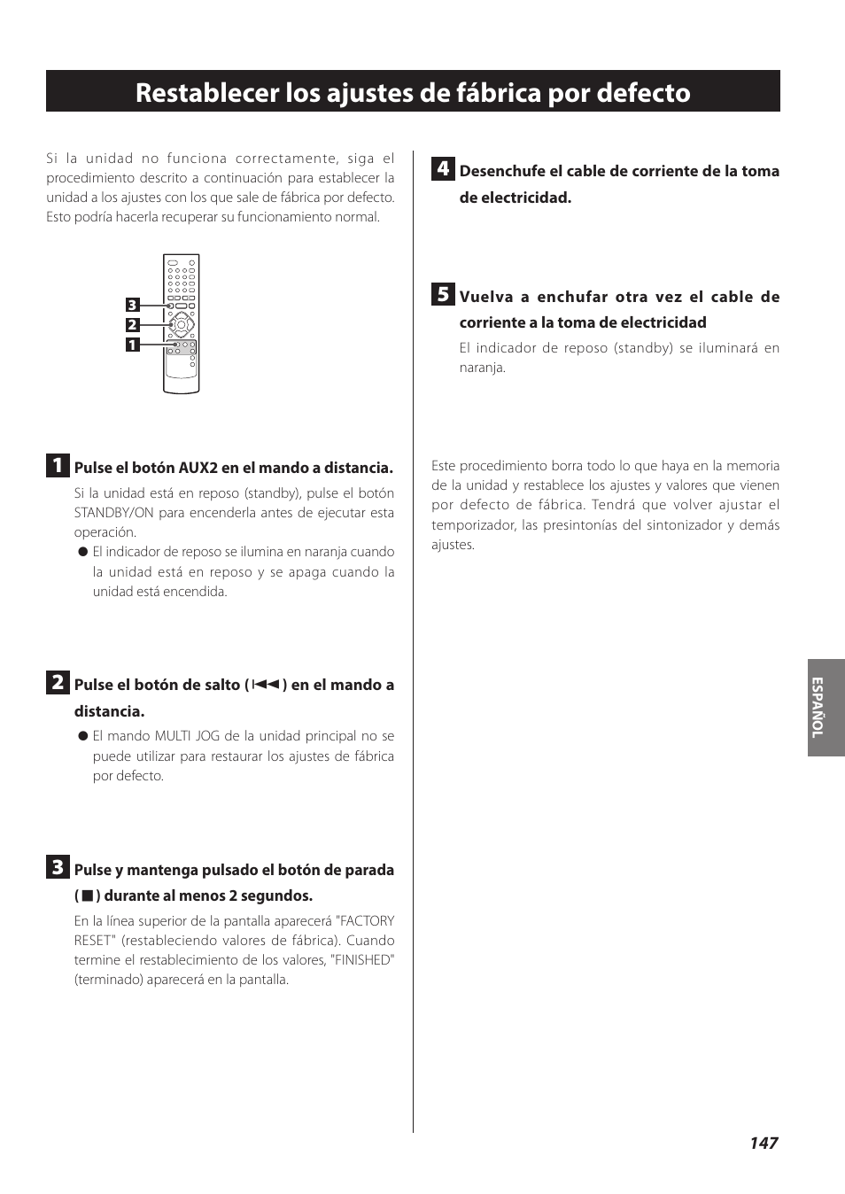 Restablecer los ajustes de fábrica por defecto | Teac CR-H260I User Manual | Page 147 / 152