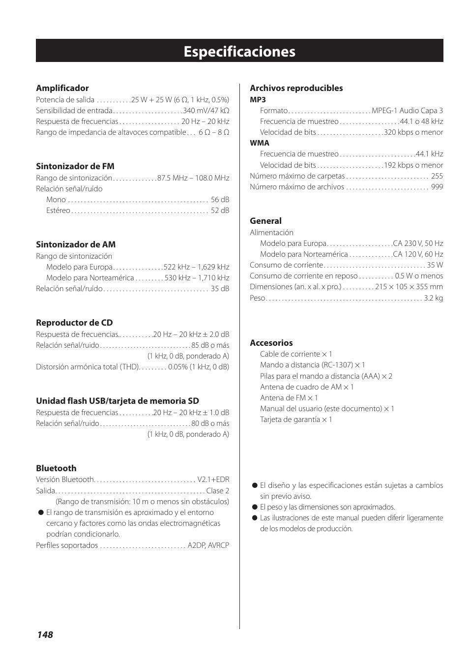 Especificaciones | Teac CR-H260I User Manual | Page 148 / 152