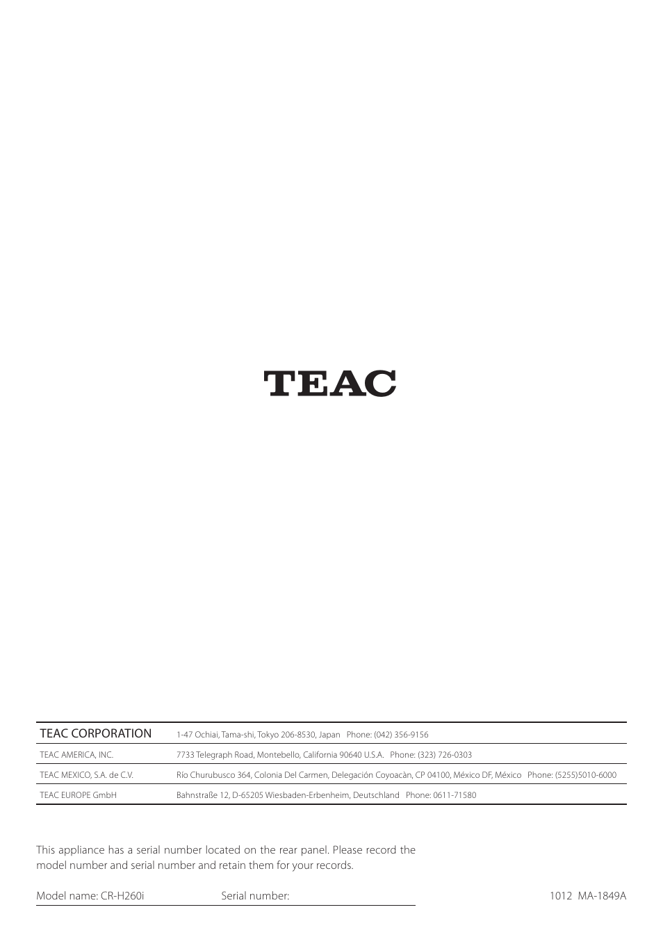 Teac CR-H260I User Manual | Page 152 / 152