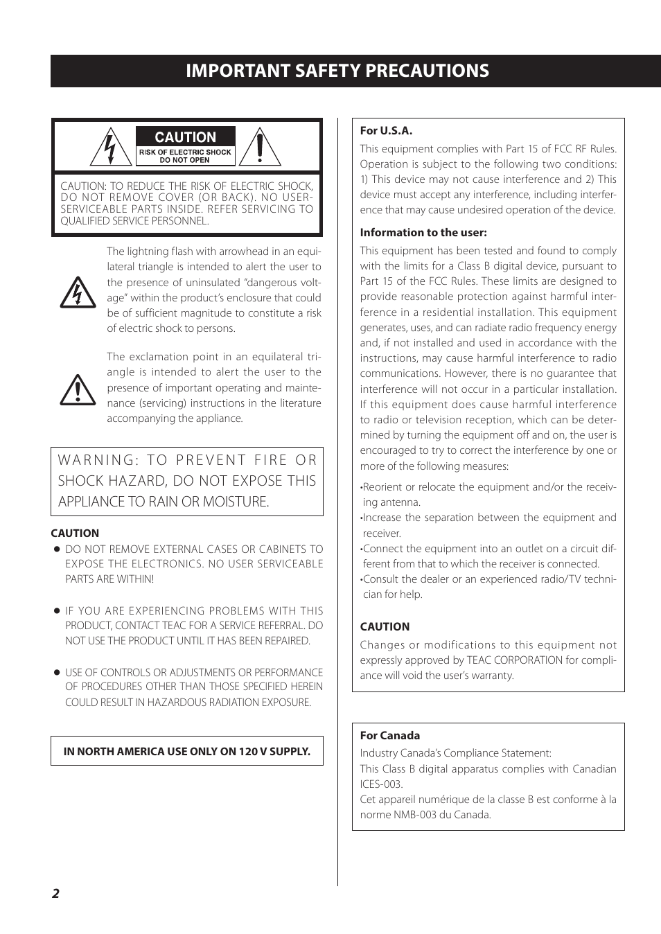 Important safety precautions | Teac CR-H260I User Manual | Page 2 / 152