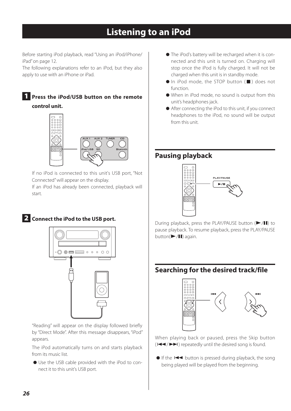 Listening to an ipod, Pausing playback, Searching for the desired track/file | Teac CR-H260I User Manual | Page 26 / 152