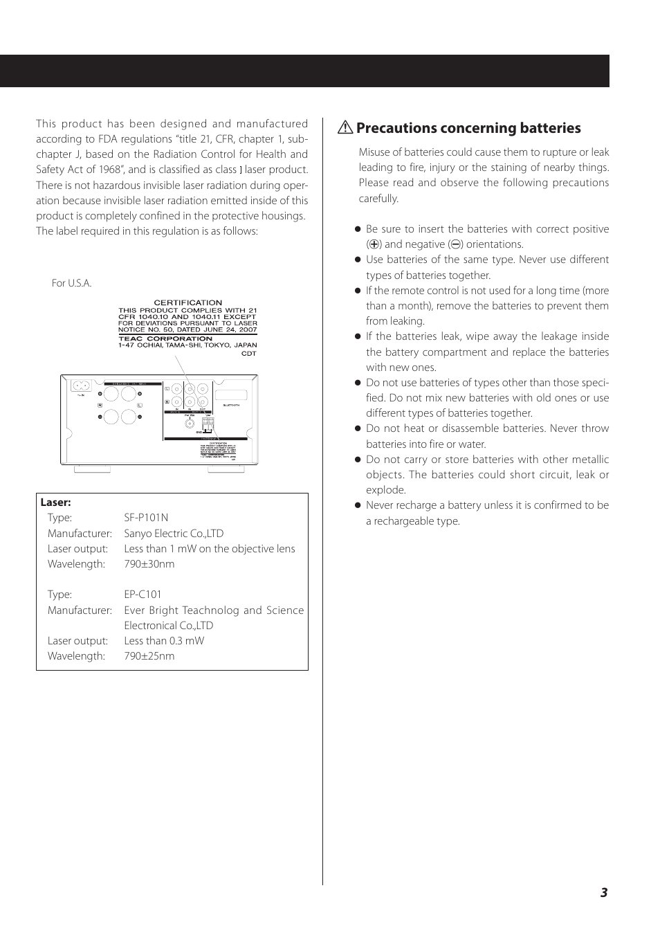 Q precautions concerning batteries | Teac CR-H260I User Manual | Page 3 / 152