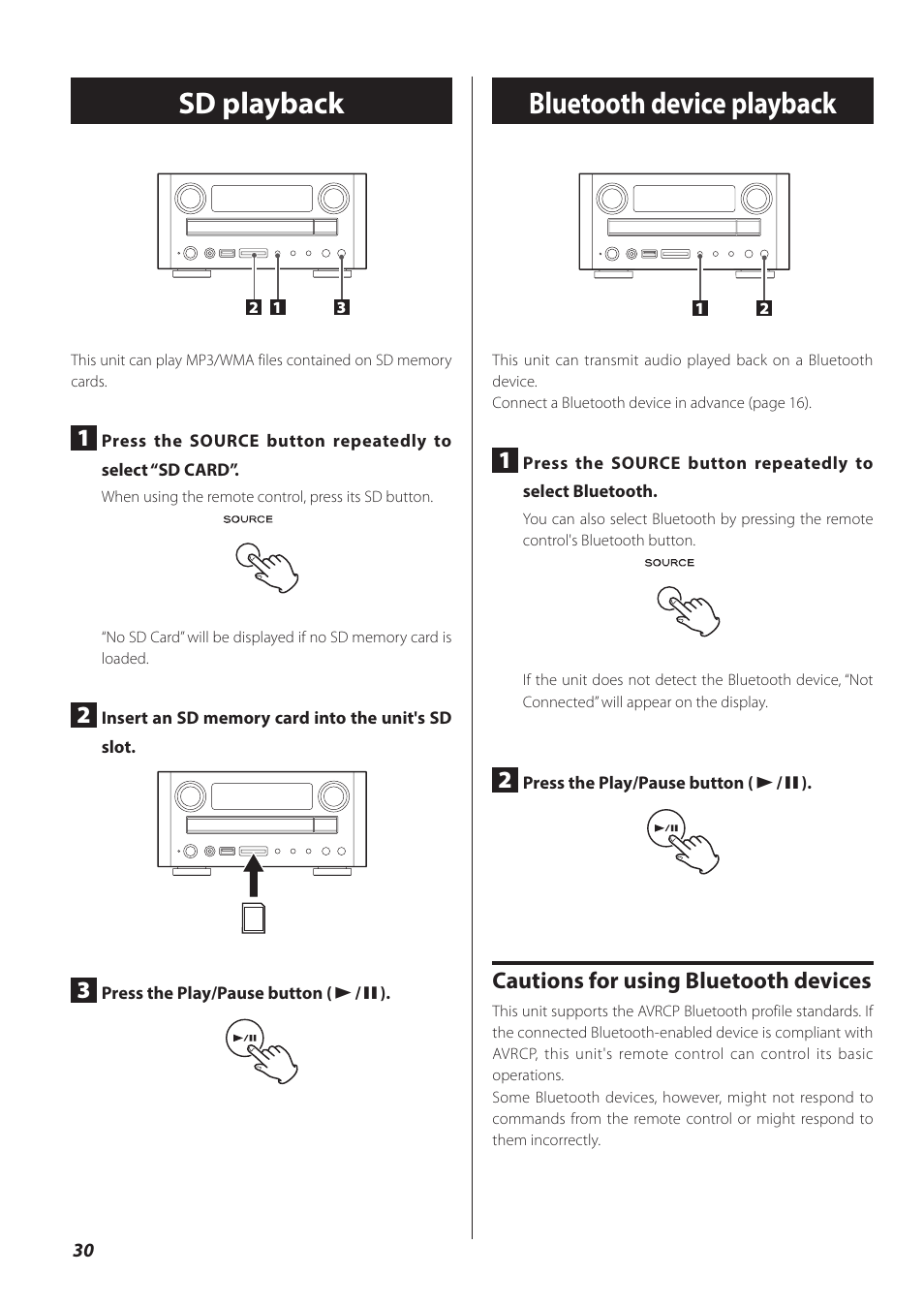 Sd playback, Bluetooth device playback, Sd playback bluetooth device playback | Cautions for using bluetooth devices | Teac CR-H260I User Manual | Page 30 / 152