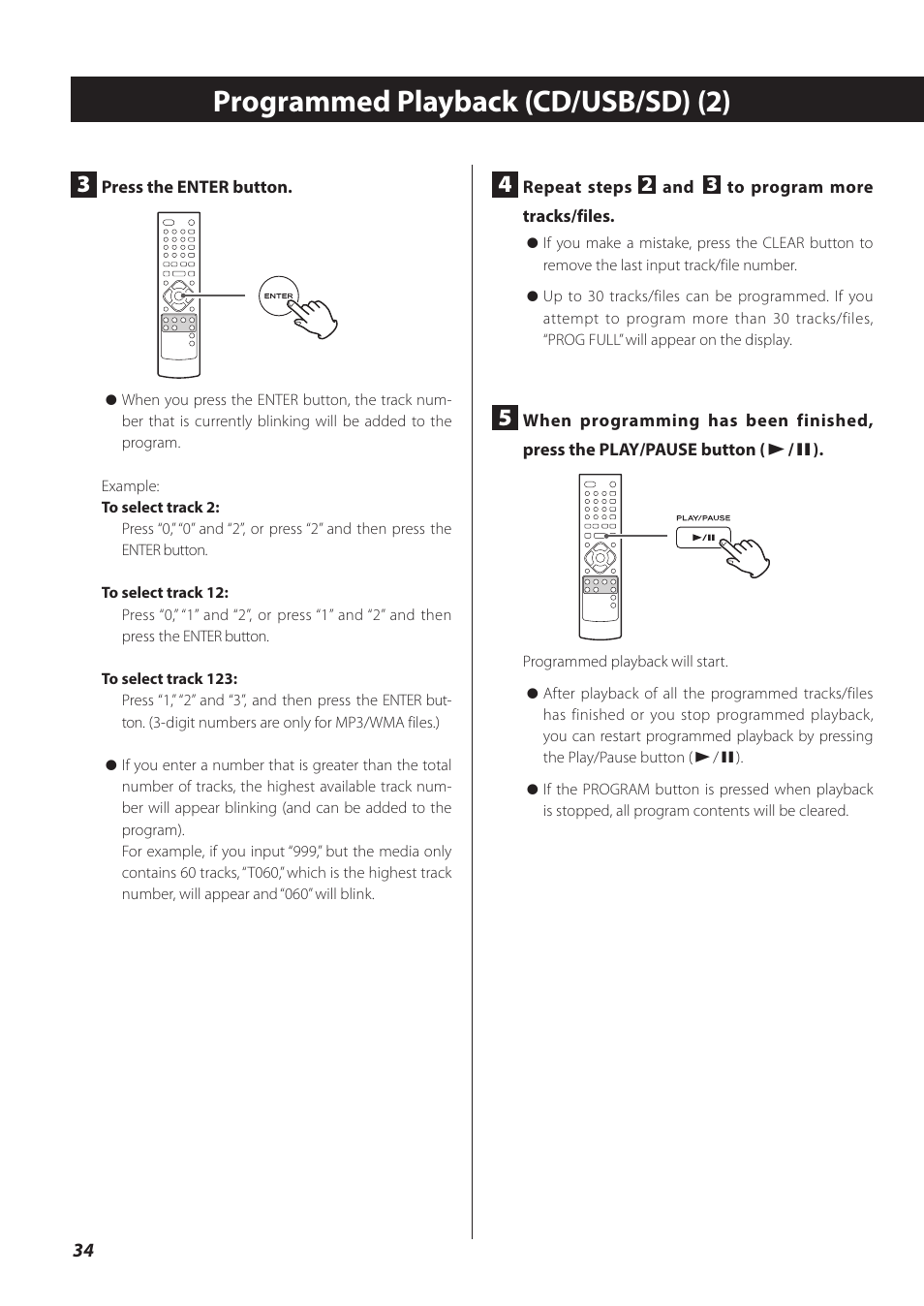 Programmed playback (cd/usb/sd) (2) | Teac CR-H260I User Manual | Page 34 / 152