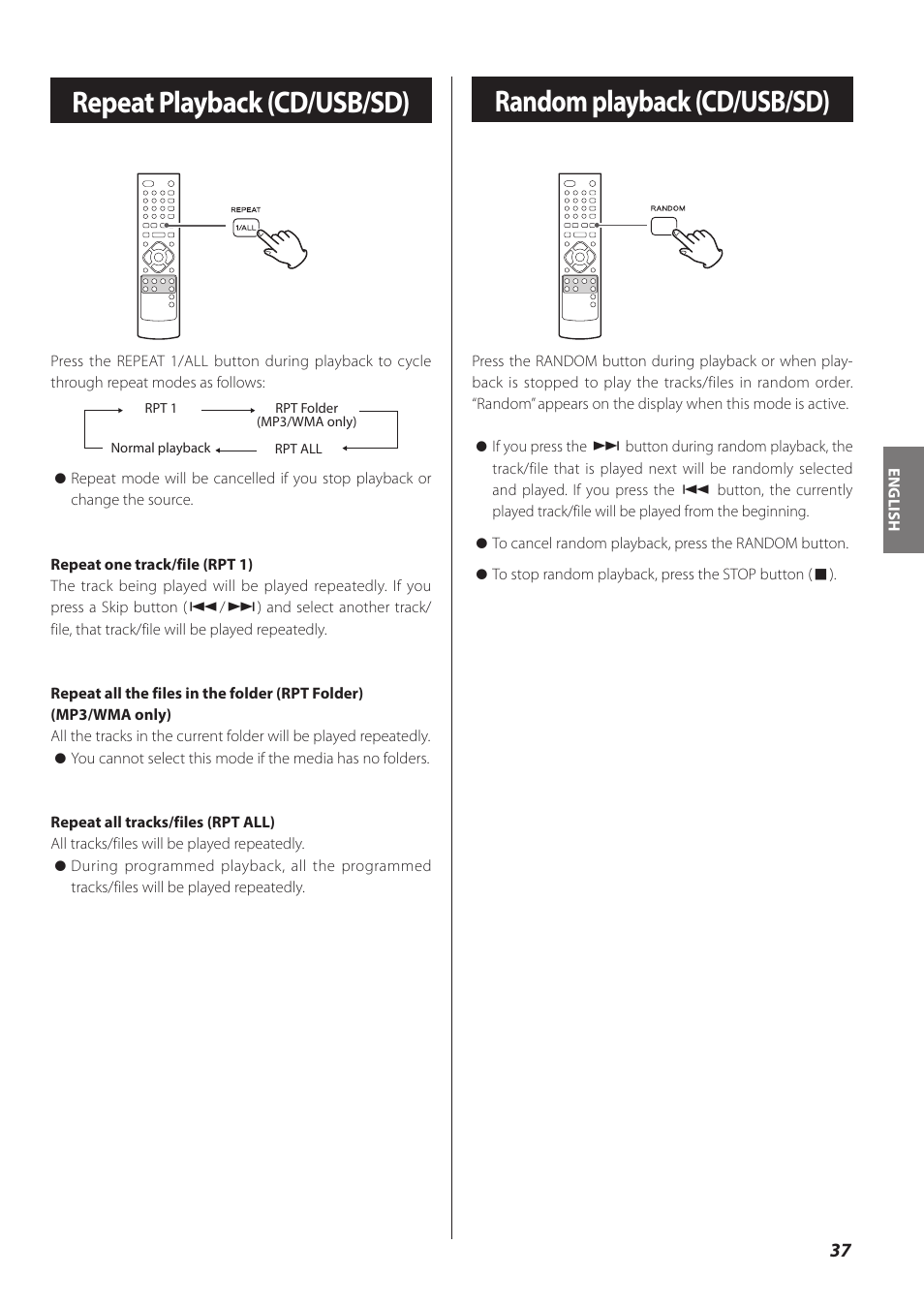 Repeat playback (cd/usb/sd), Random playback (cd/usb/sd) | Teac CR-H260I User Manual | Page 37 / 152