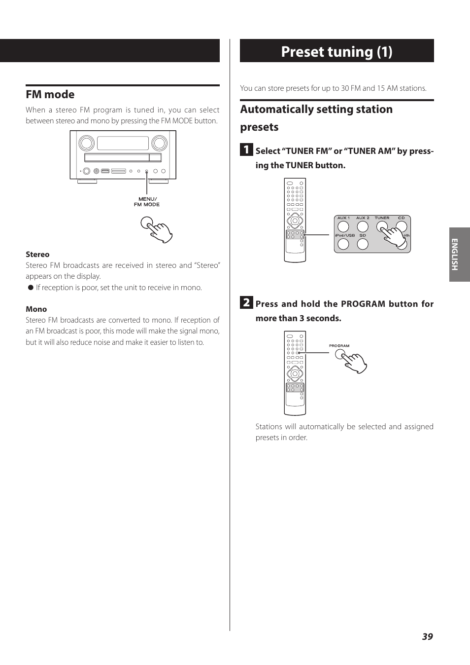 Preset tuning, Preset tuning (1), Fm mode | Automatically setting station presets 1 | Teac CR-H260I User Manual | Page 39 / 152