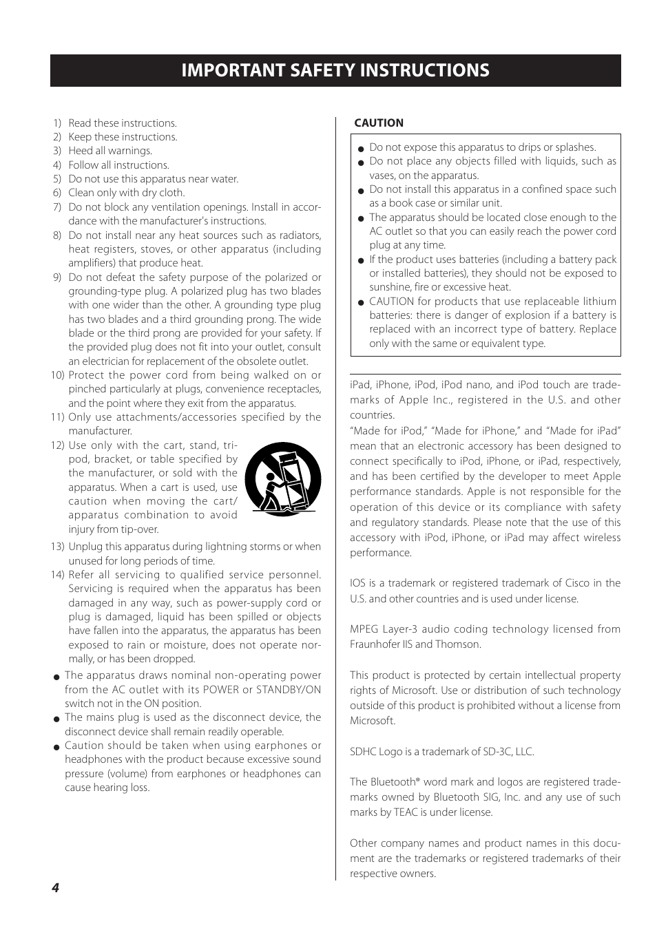 Important safety instructions | Teac CR-H260I User Manual | Page 4 / 152