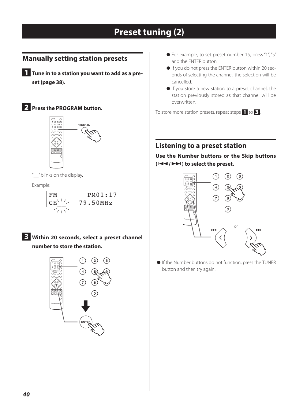 Preset tuning (2), Manually setting station presets 1, Listening to a preset station | Fm pm01:17 ch mhz | Teac CR-H260I User Manual | Page 40 / 152