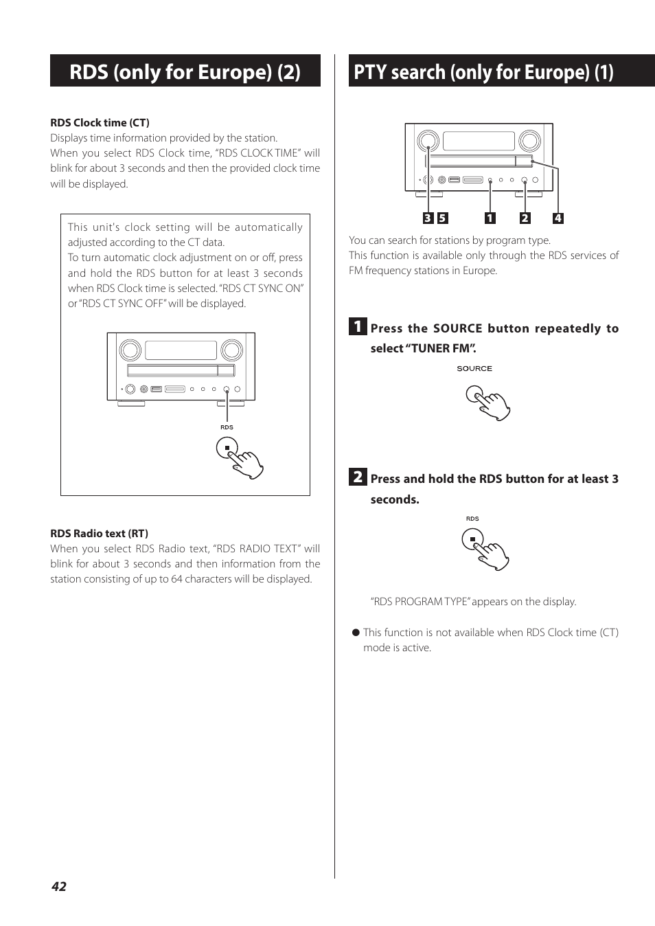 Pty search (only for europe), Pty search (only for europe) (1), Rds (only for europe) (2) | Teac CR-H260I User Manual | Page 42 / 152