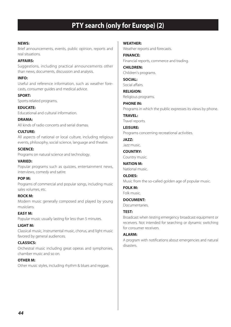 Pty search (only for europe) (2) | Teac CR-H260I User Manual | Page 44 / 152