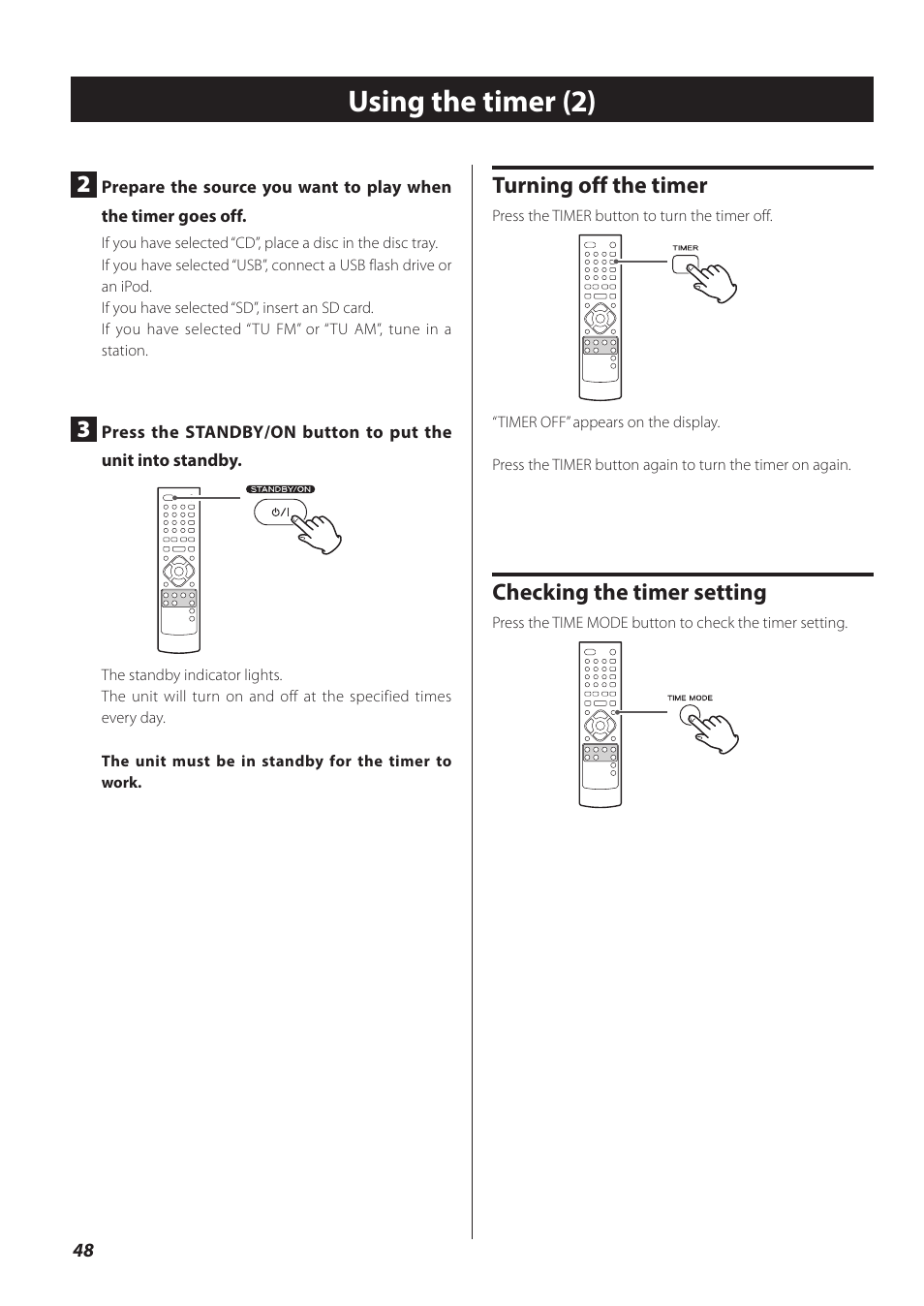 Using the timer (2), Turning off the timer, Checking the timer setting | Teac CR-H260I User Manual | Page 48 / 152