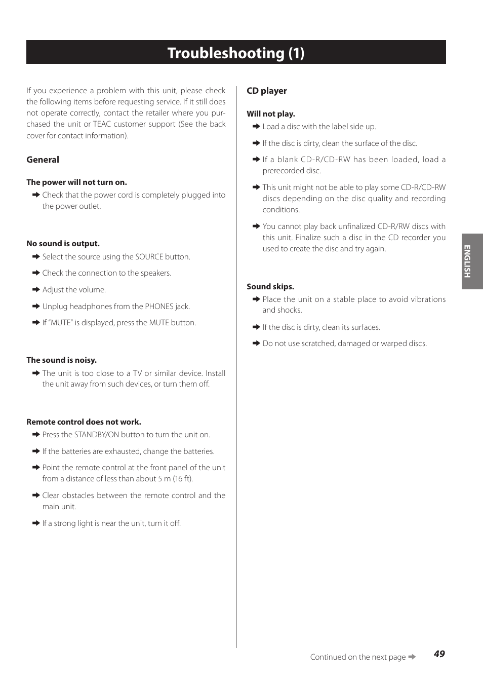 Troubleshooting, Troubleshooting (1) | Teac CR-H260I User Manual | Page 49 / 152
