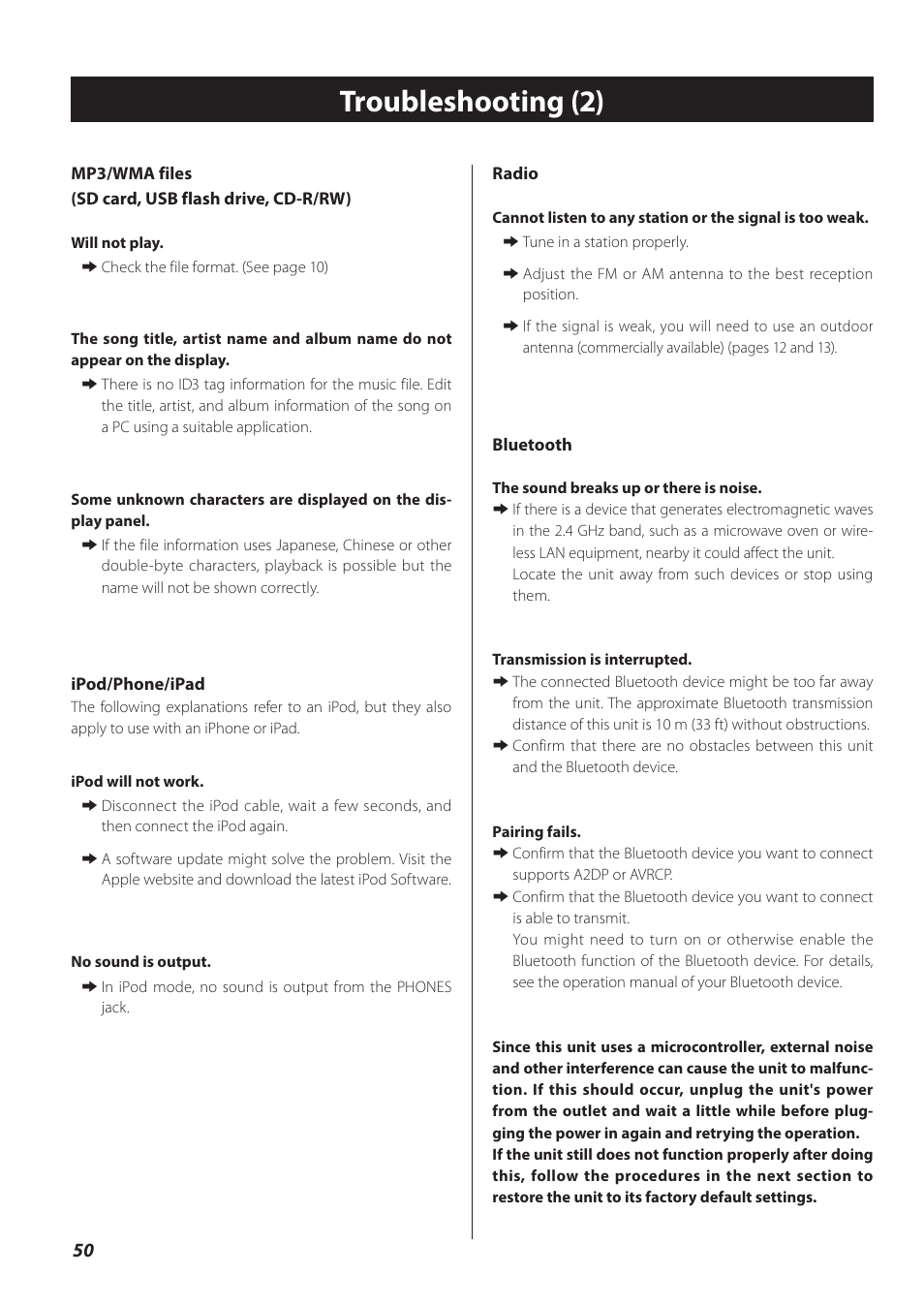 Troubleshooting (2) | Teac CR-H260I User Manual | Page 50 / 152