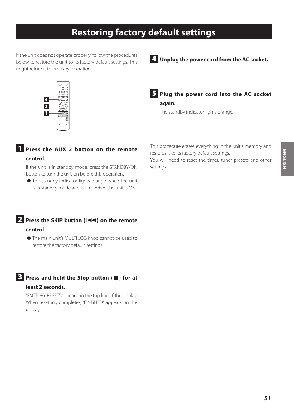 Restoring factory default settings | Teac CR-H260I User Manual | Page 51 / 152