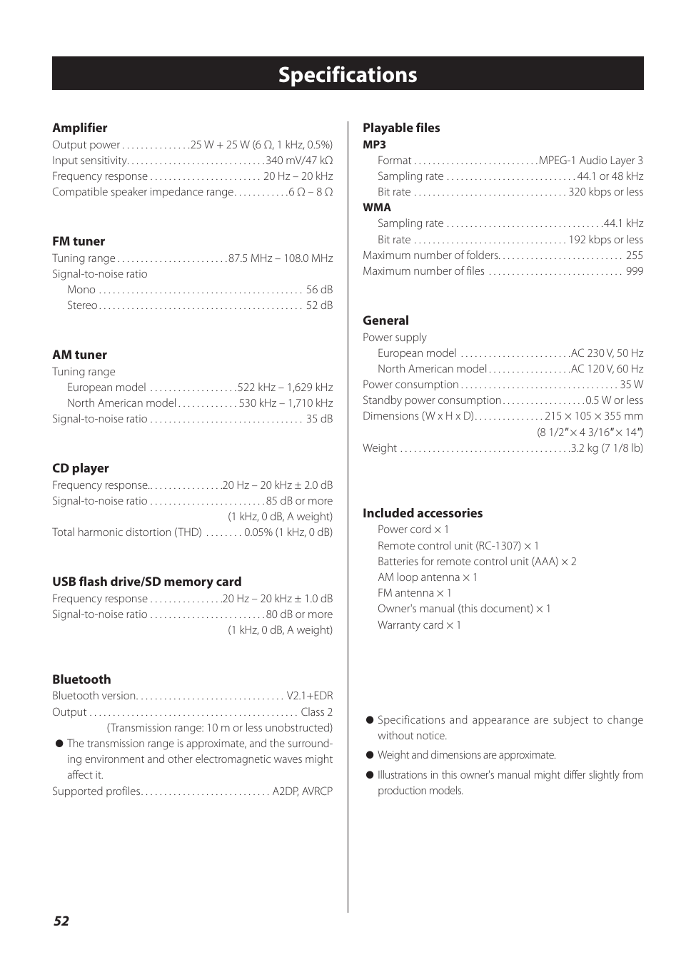 Specifications | Teac CR-H260I User Manual | Page 52 / 152