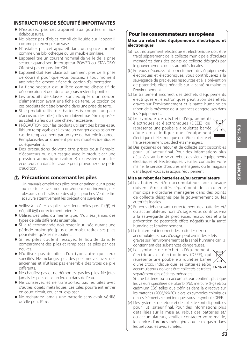 Français, Pour les consommateurs européens, Instructions de sécurité importantes | Q précautions concernant les piles | Teac CR-H260I User Manual | Page 53 / 152