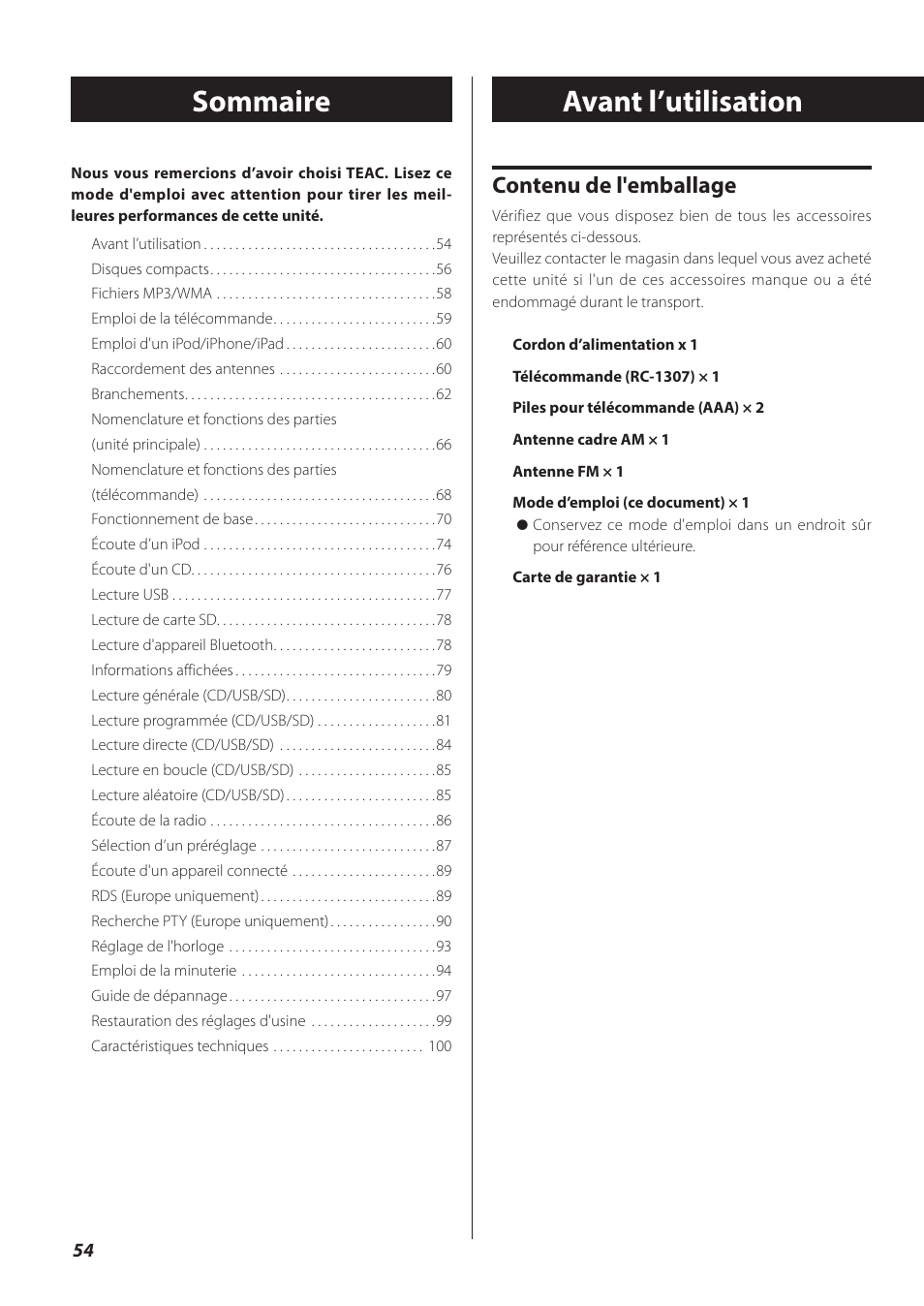 Avant l’utilisation, Sommaire, Contenu de l'emballage | Teac CR-H260I User Manual | Page 54 / 152