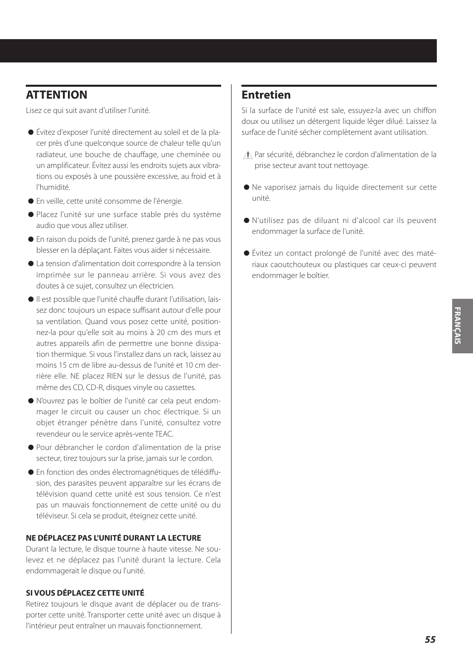 Attention, Entretien | Teac CR-H260I User Manual | Page 55 / 152