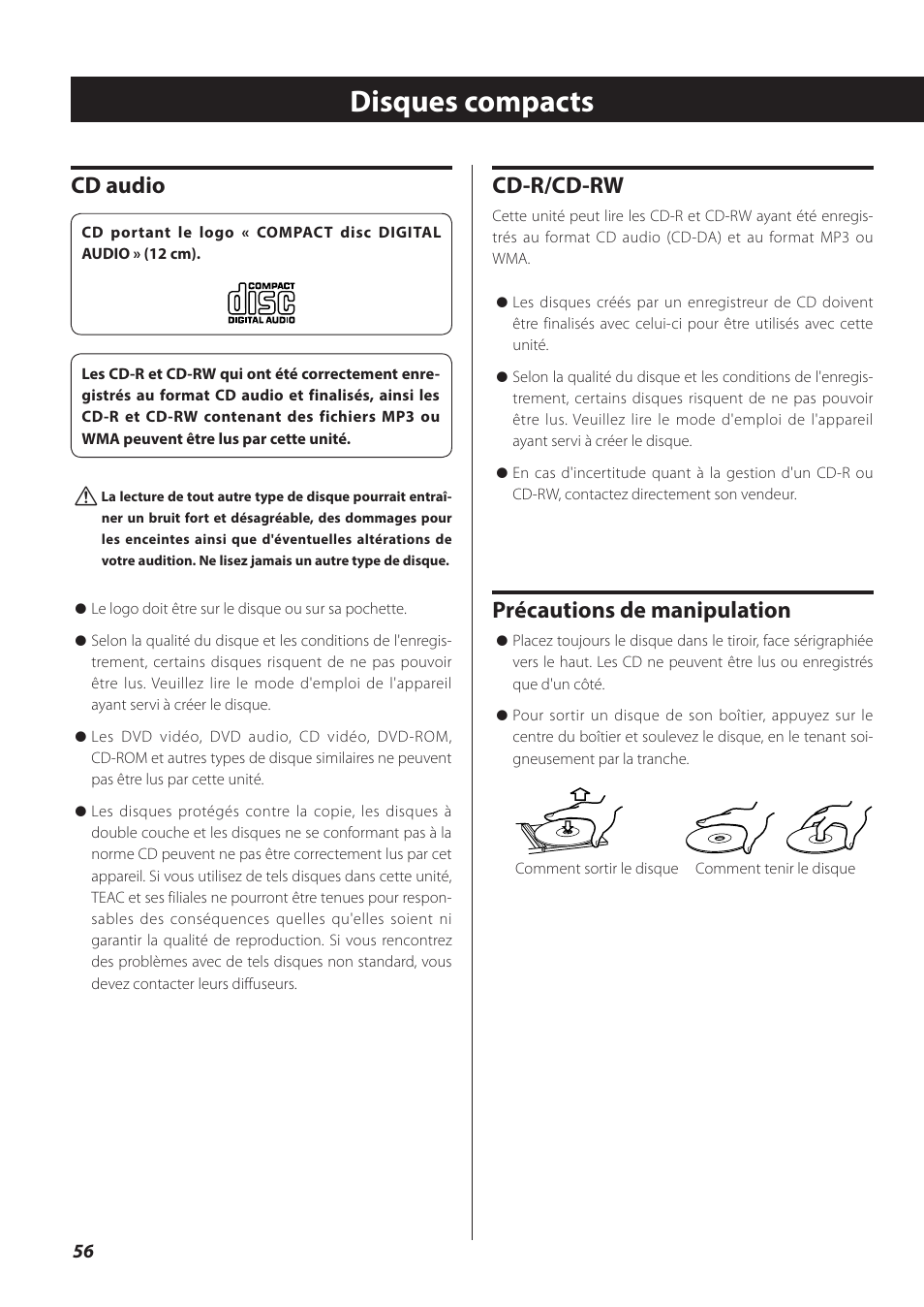 Disques compacts, Cd-r/cd-rw, Précautions de manipulation | Cd audio | Teac CR-H260I User Manual | Page 56 / 152