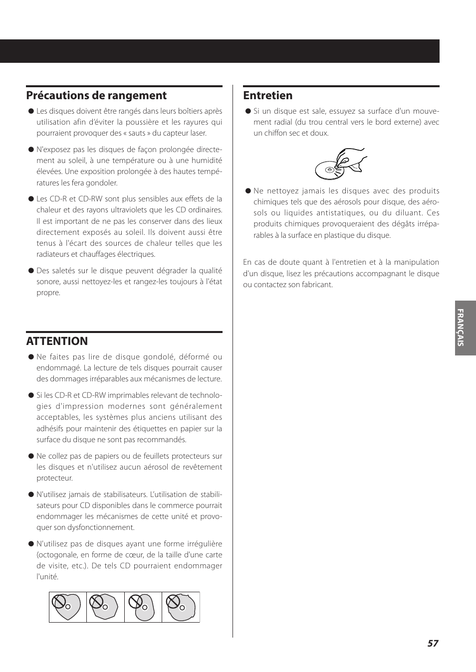 Précautions de rangement, Attention, Entretien | Teac CR-H260I User Manual | Page 57 / 152