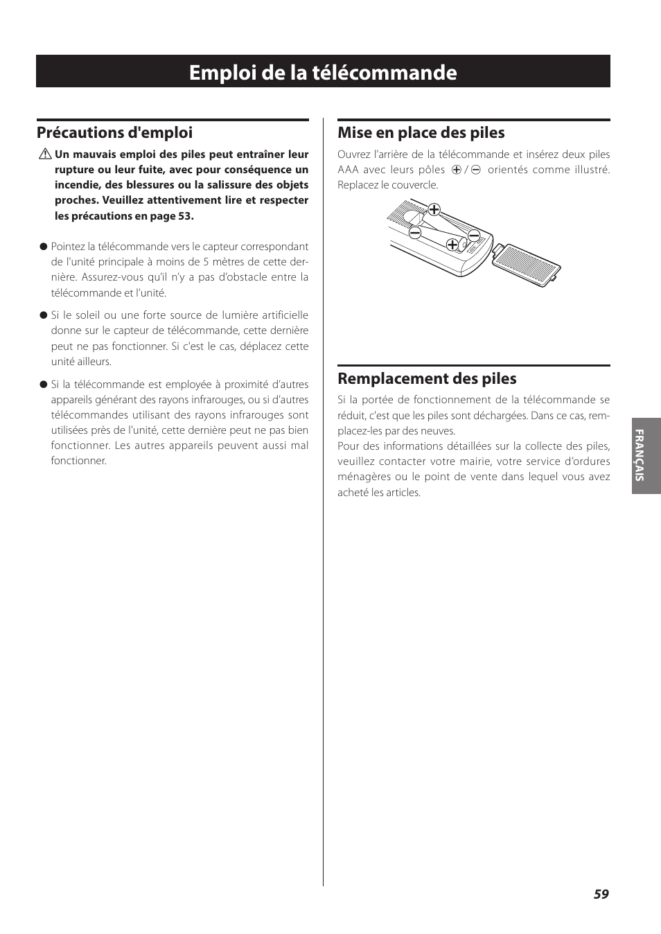 Emploi de la télécommande, Précautions d'emploi, Mise en place des piles | Remplacement des piles | Teac CR-H260I User Manual | Page 59 / 152