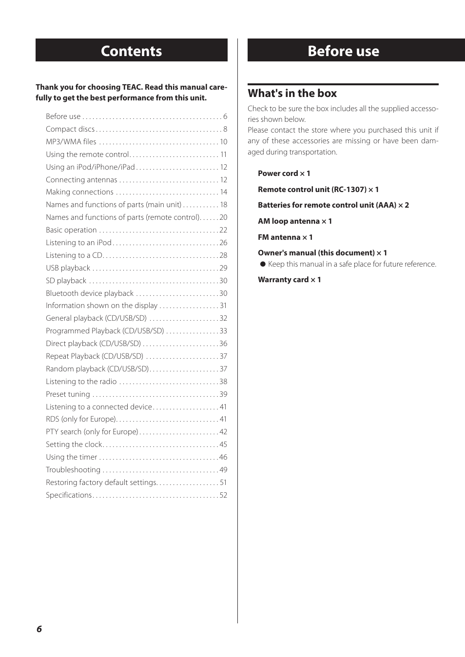 Teac CR-H260I User Manual | Page 6 / 152