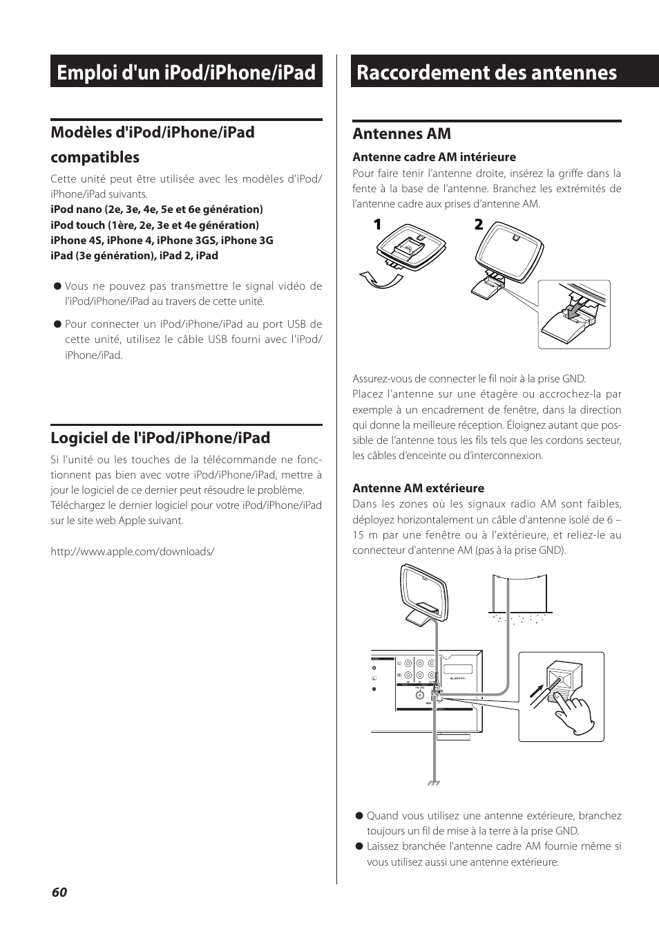 Emploi d'un ipod/iphone/ipad, Raccordement des antennes, Antennes am | Modèles d'ipod/iphone/ipad compatibles, Logiciel de l'ipod/iphone/ipad | Teac CR-H260I User Manual | Page 60 / 152