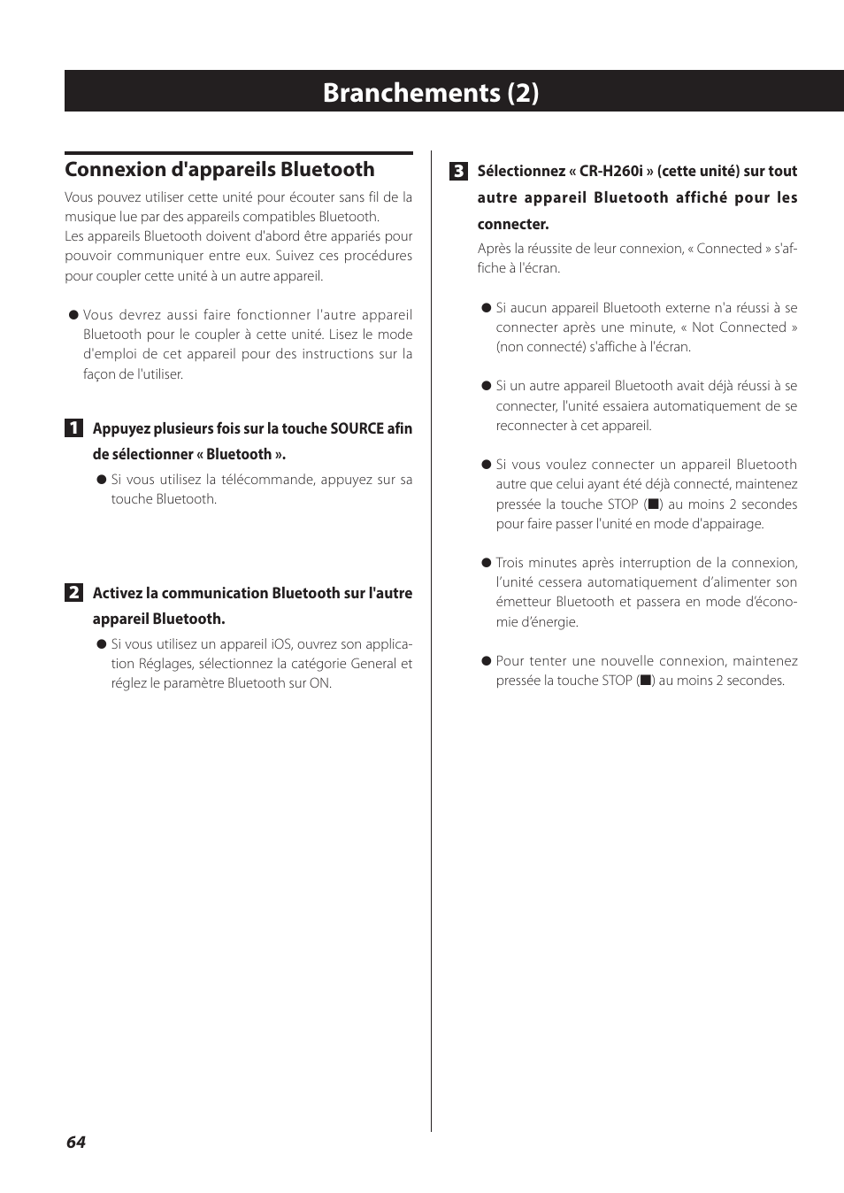 Branchements (2), Connexion d'appareils bluetooth | Teac CR-H260I User Manual | Page 64 / 152