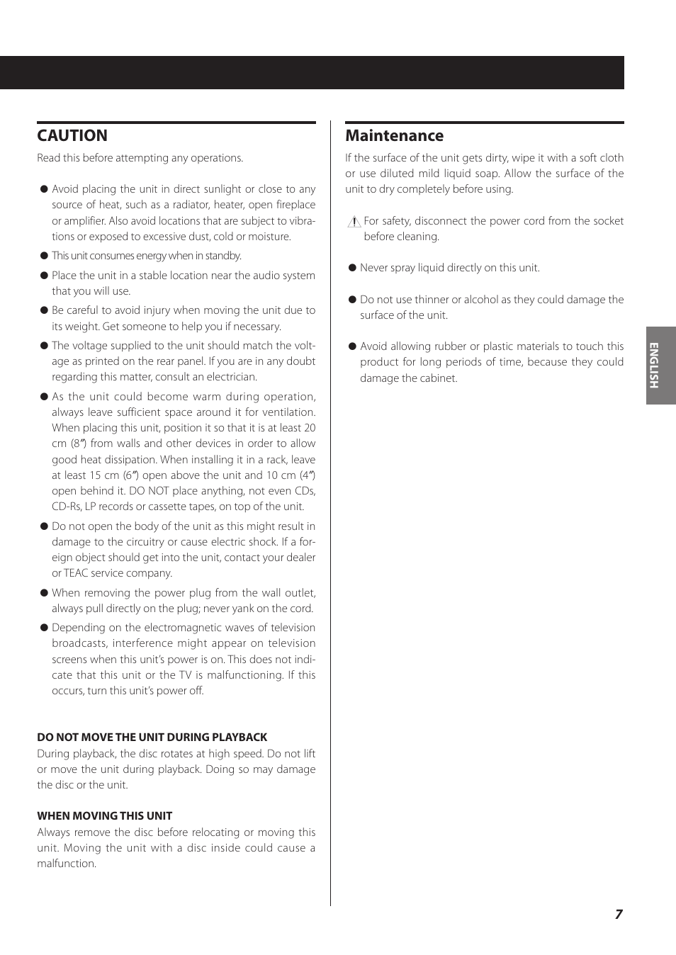 Caution, Maintenance | Teac CR-H260I User Manual | Page 7 / 152