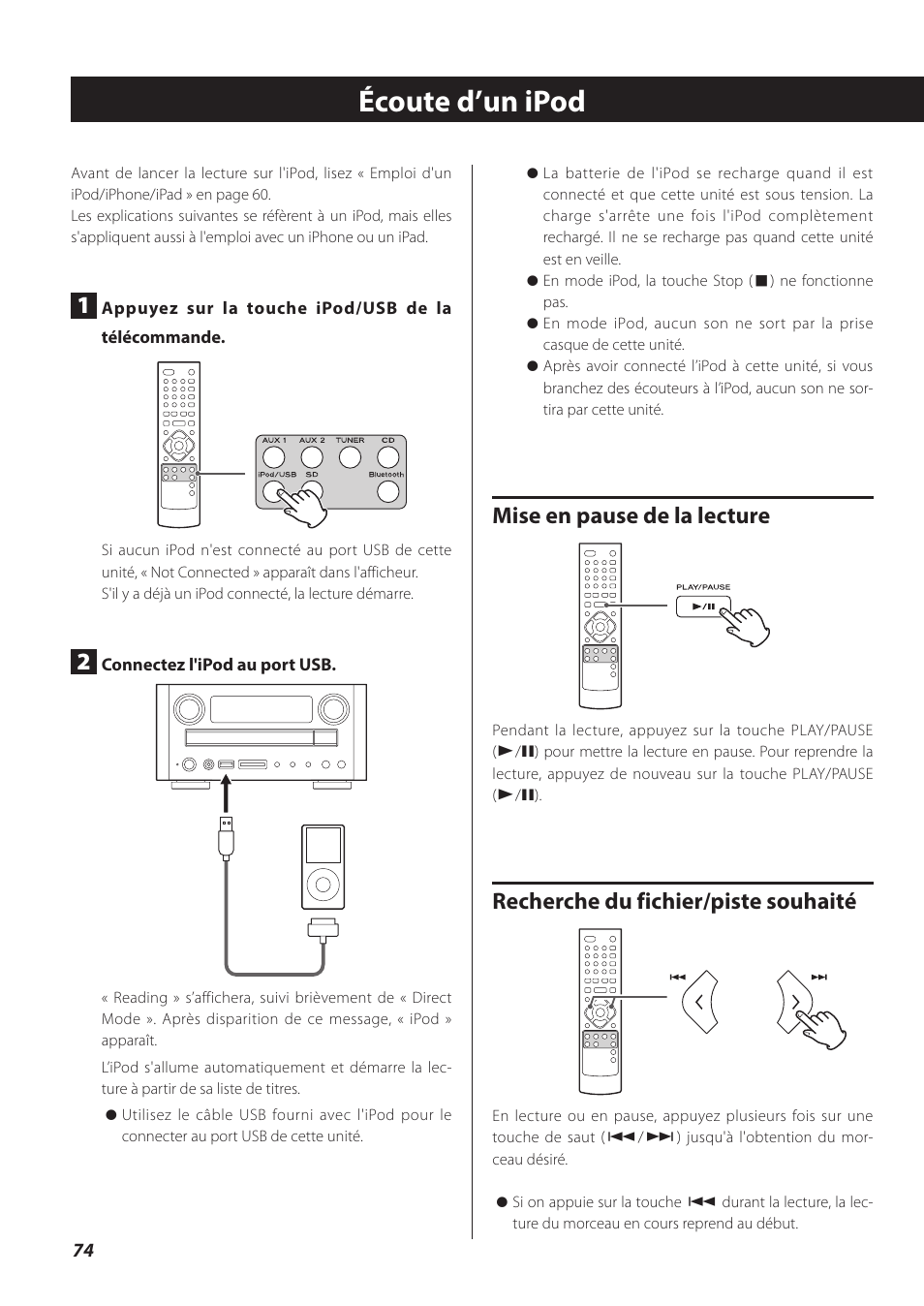 Écoute d’un ipod, Mise en pause de la lecture, Recherche du fichier/piste souhaité | Teac CR-H260I User Manual | Page 74 / 152