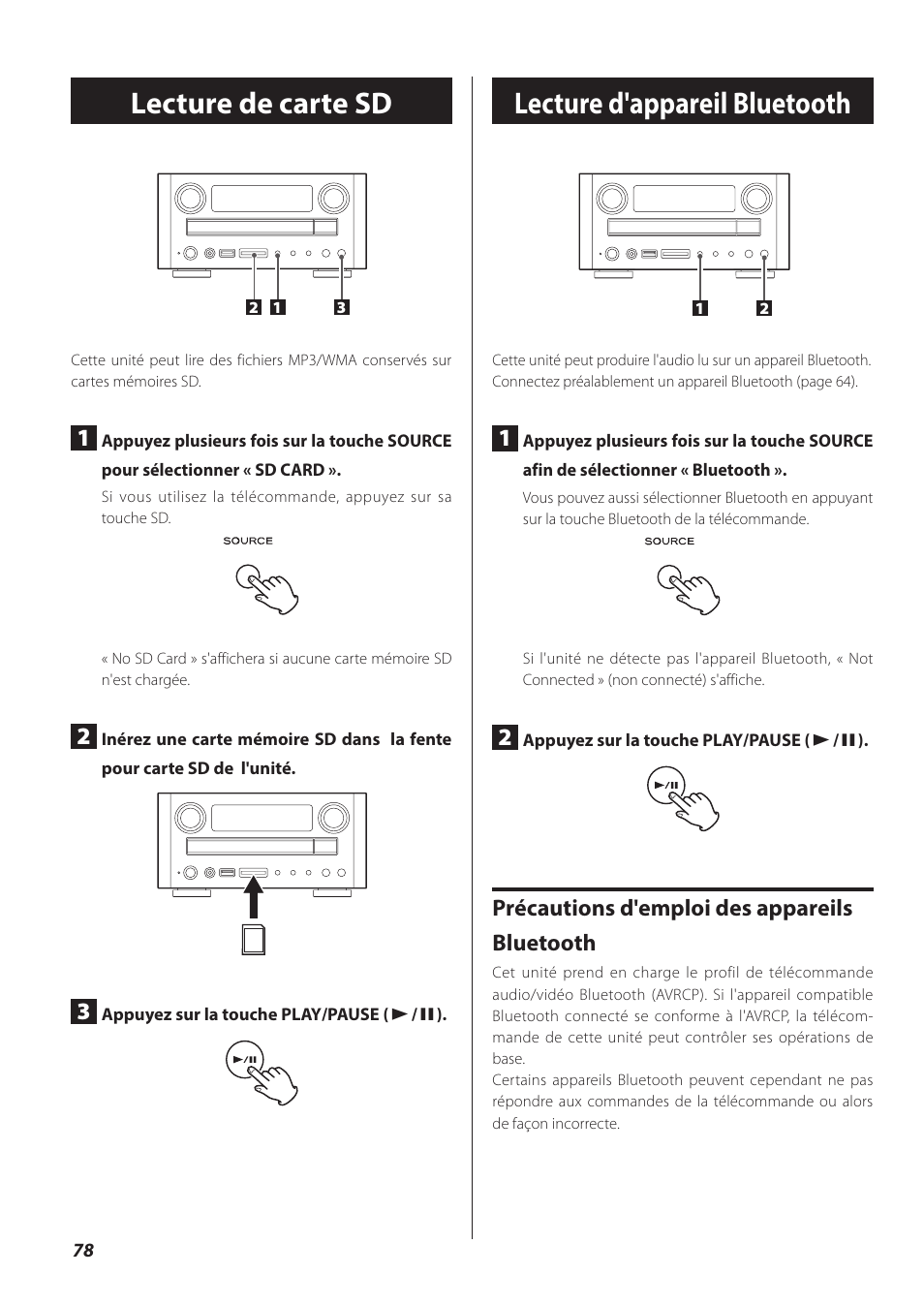 Lecture de carte sd, Lecture d'appareil bluetooth, Lecture de carte sd lecture d'appareil bluetooth | Précautions d'emploi des appareils bluetooth | Teac CR-H260I User Manual | Page 78 / 152